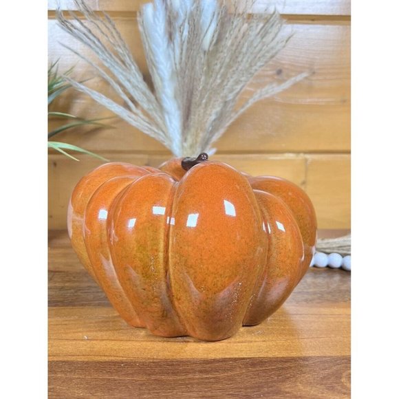 New CERAMIC PUMPKIN 8" Glazed Golden Orange with Brown Stem Fall Decor #4141 - Picture 4 of 9